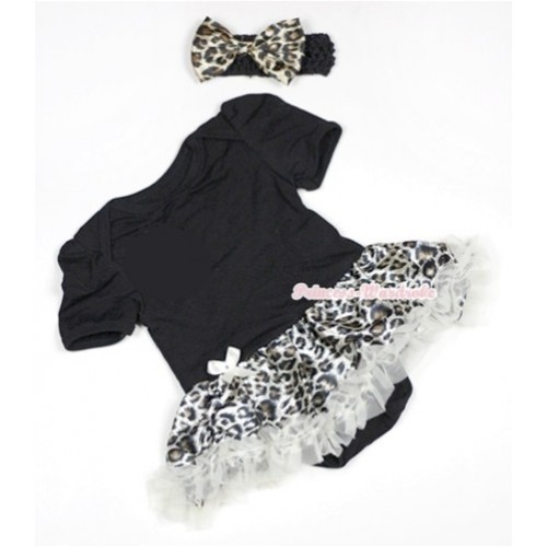 Black Baby Jumpsuit Cream White Leopard Pettiskirt With Black Headband Leopard Satin Bow JS478 